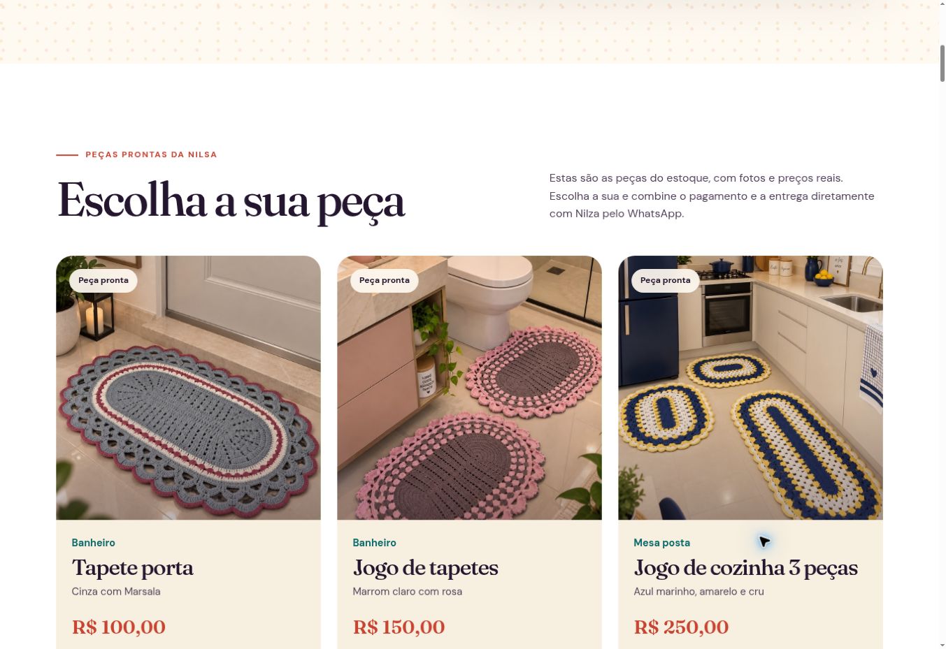 Nilsa Crochê catalog showing ready-to-buy handmade pieces with photographs and prices