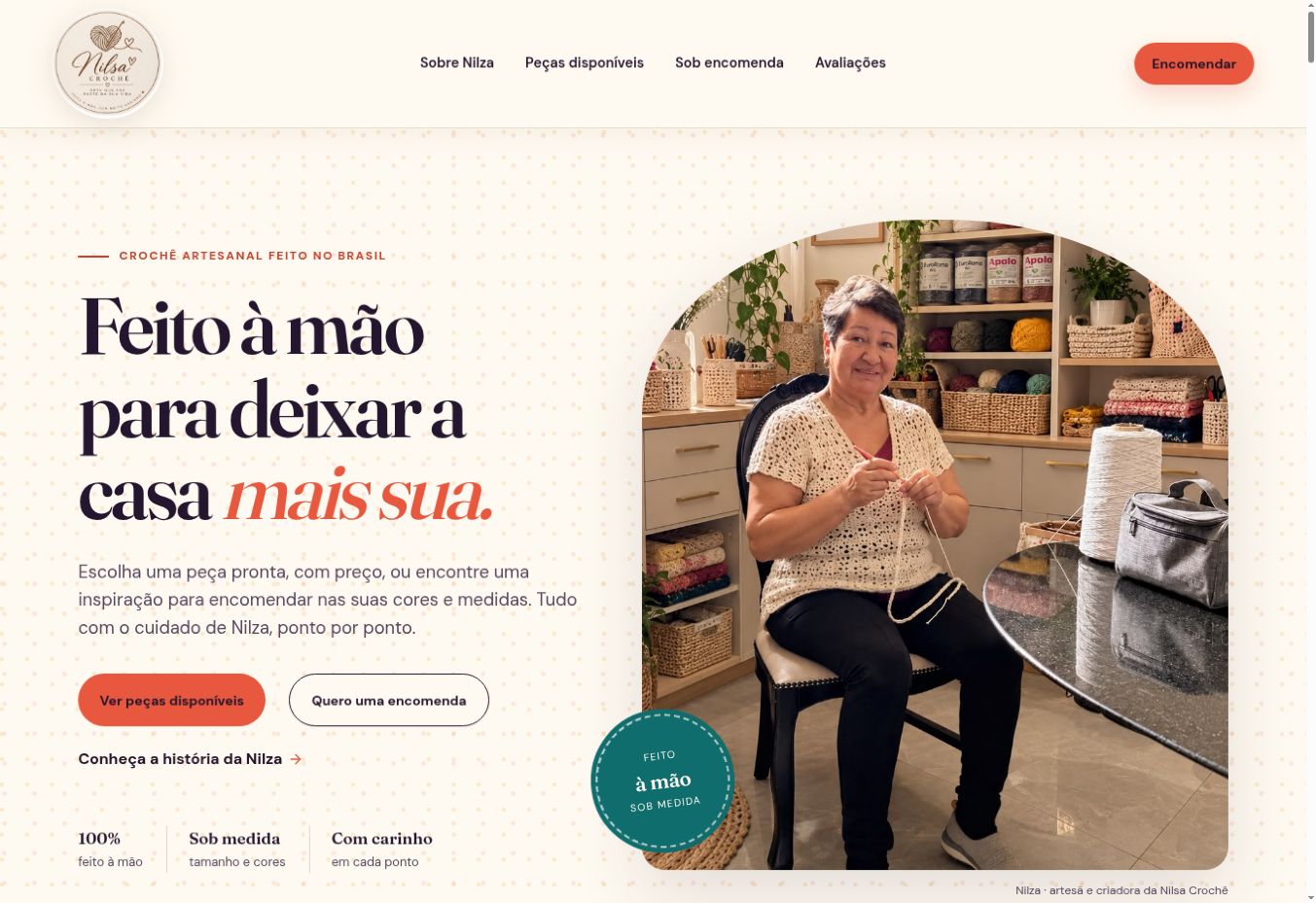 Nilsa Crochê homepage featuring the maker and catalog