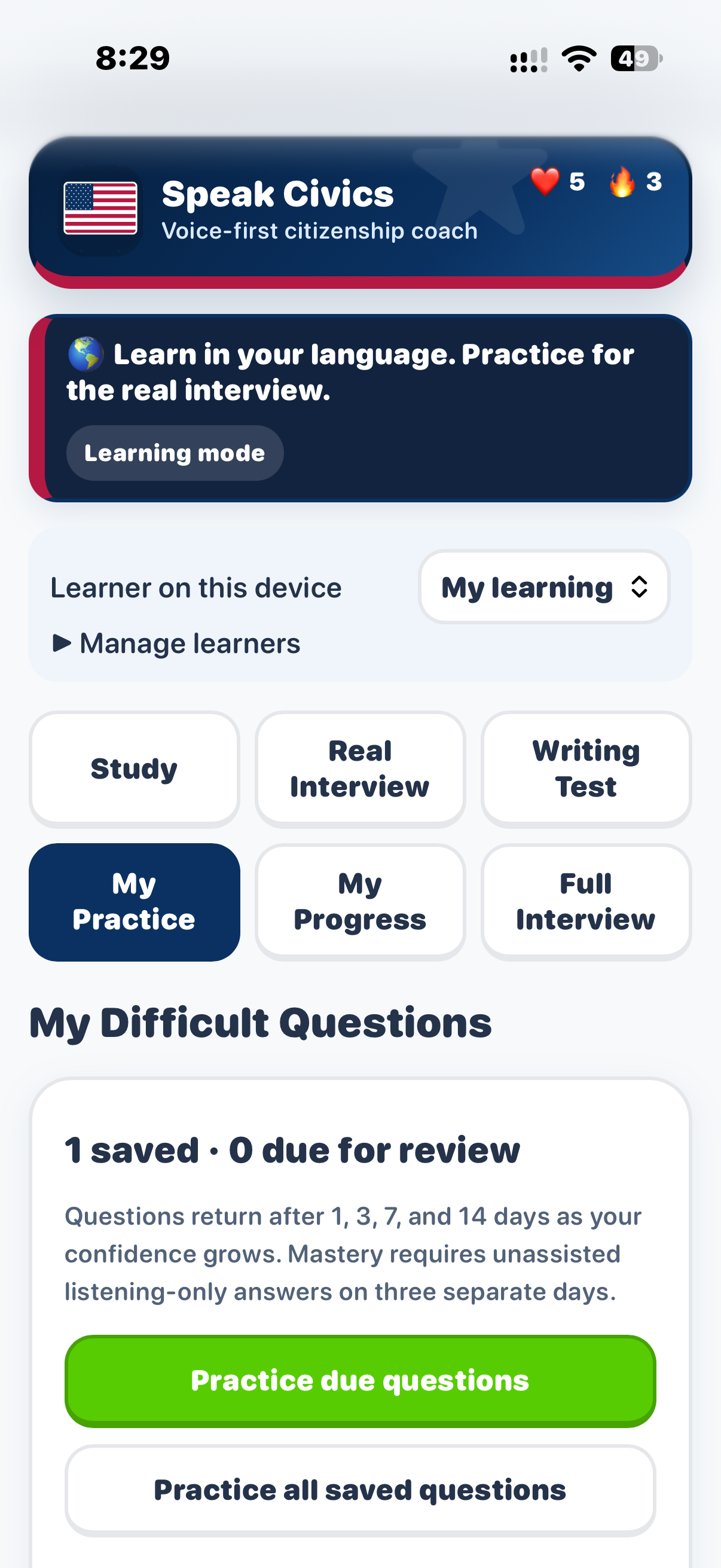 SpeakCivics mobile practice dashboard with study modes and difficult-question review