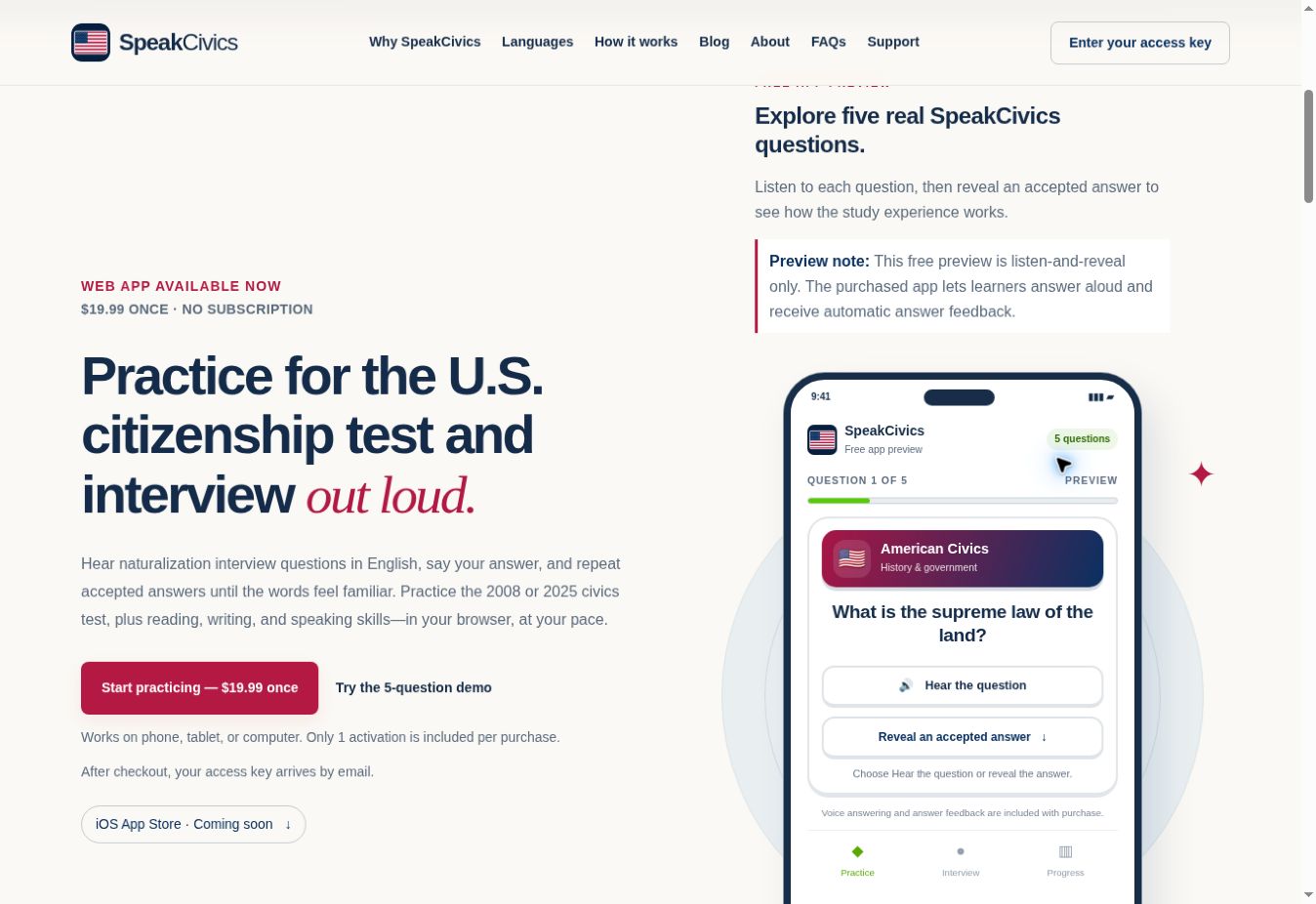 SpeakCivics website with a citizenship practice preview